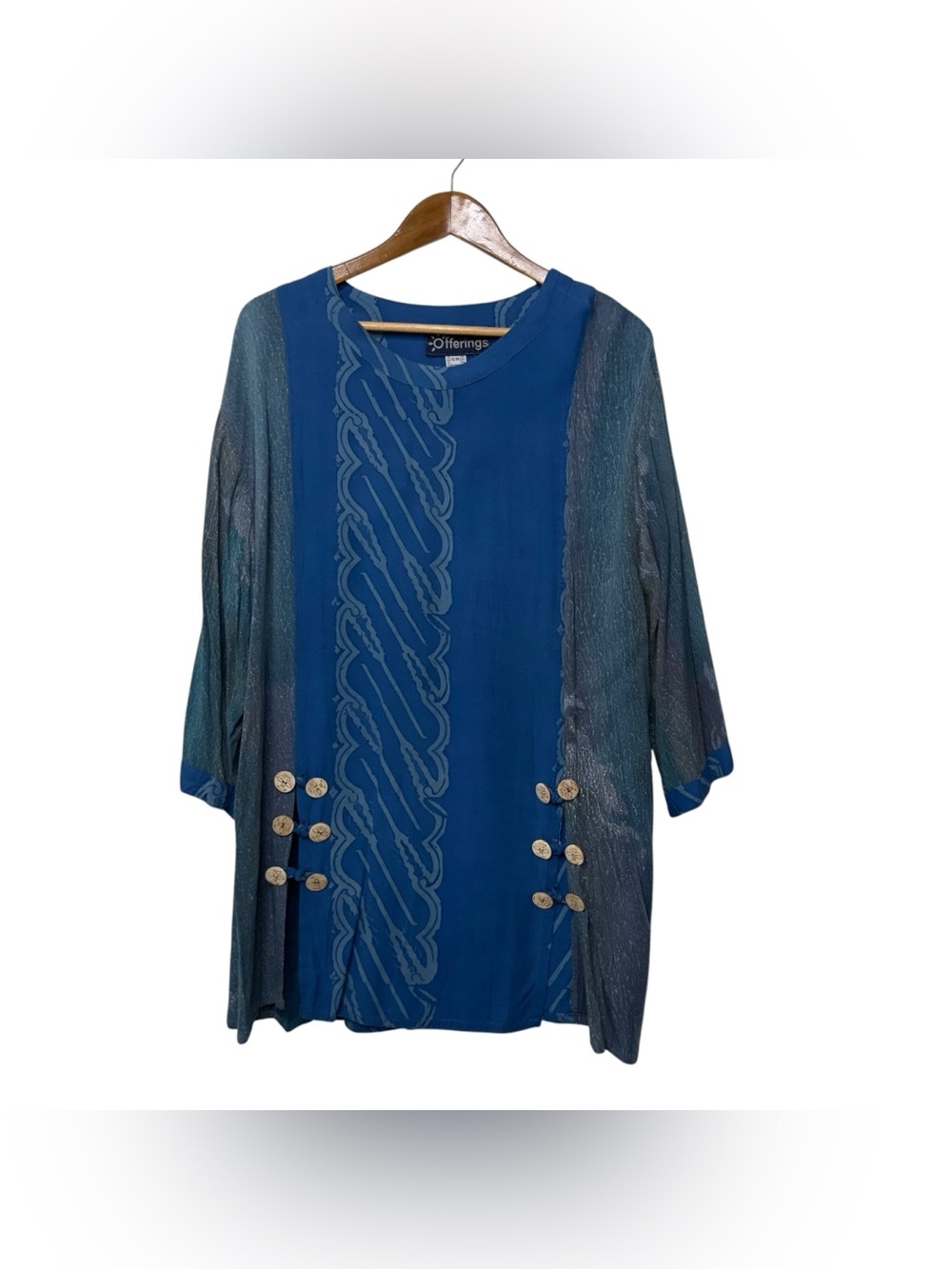 OFFERINGS Lagenlook Teal-Blue Embroidered Split-Panel Tunic w Decorative Buttons